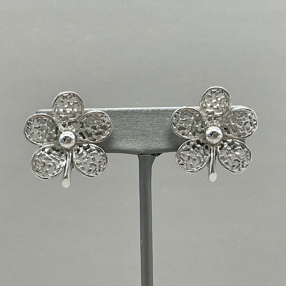 Kramer Earrings Vintage Silver Tone Openwork Flower Floral Clip On Signed 1"